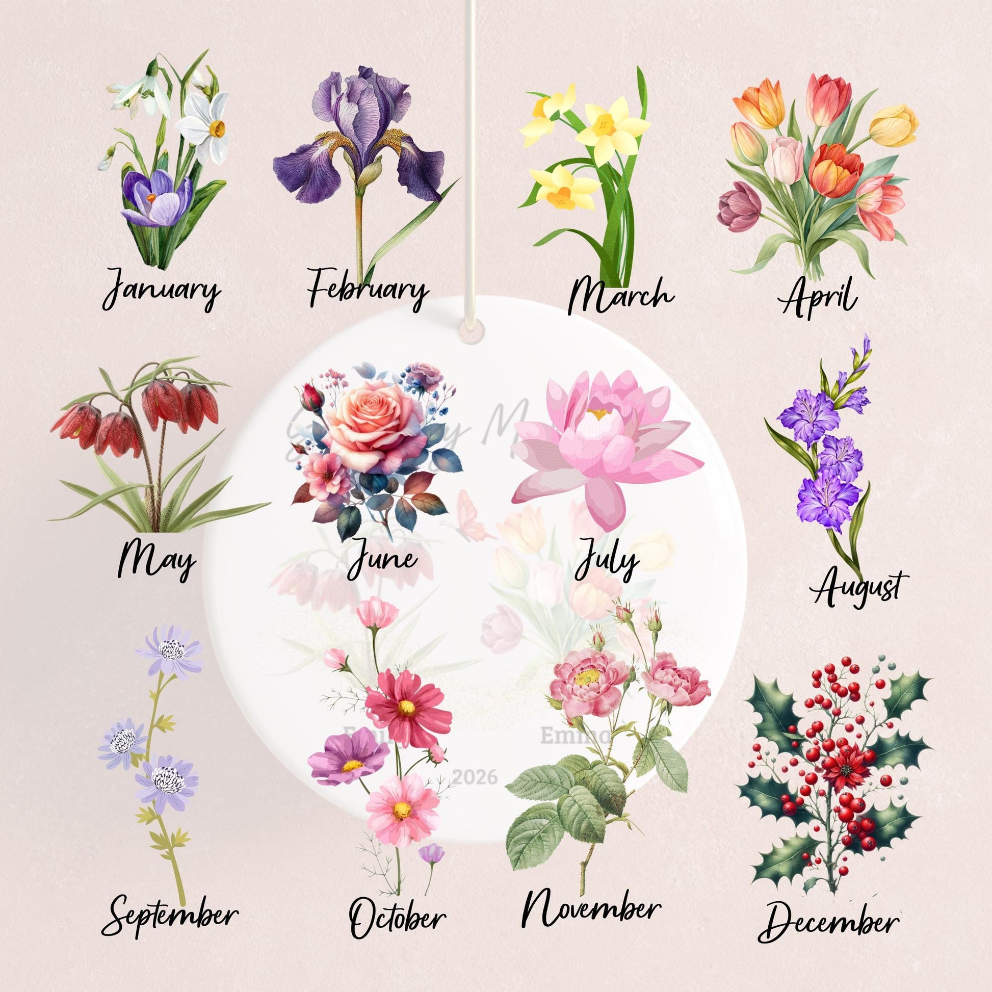Personalized Birth Flower Ornament for Moms, Grandkids Names Gifts Keepsake from Mama's Garden