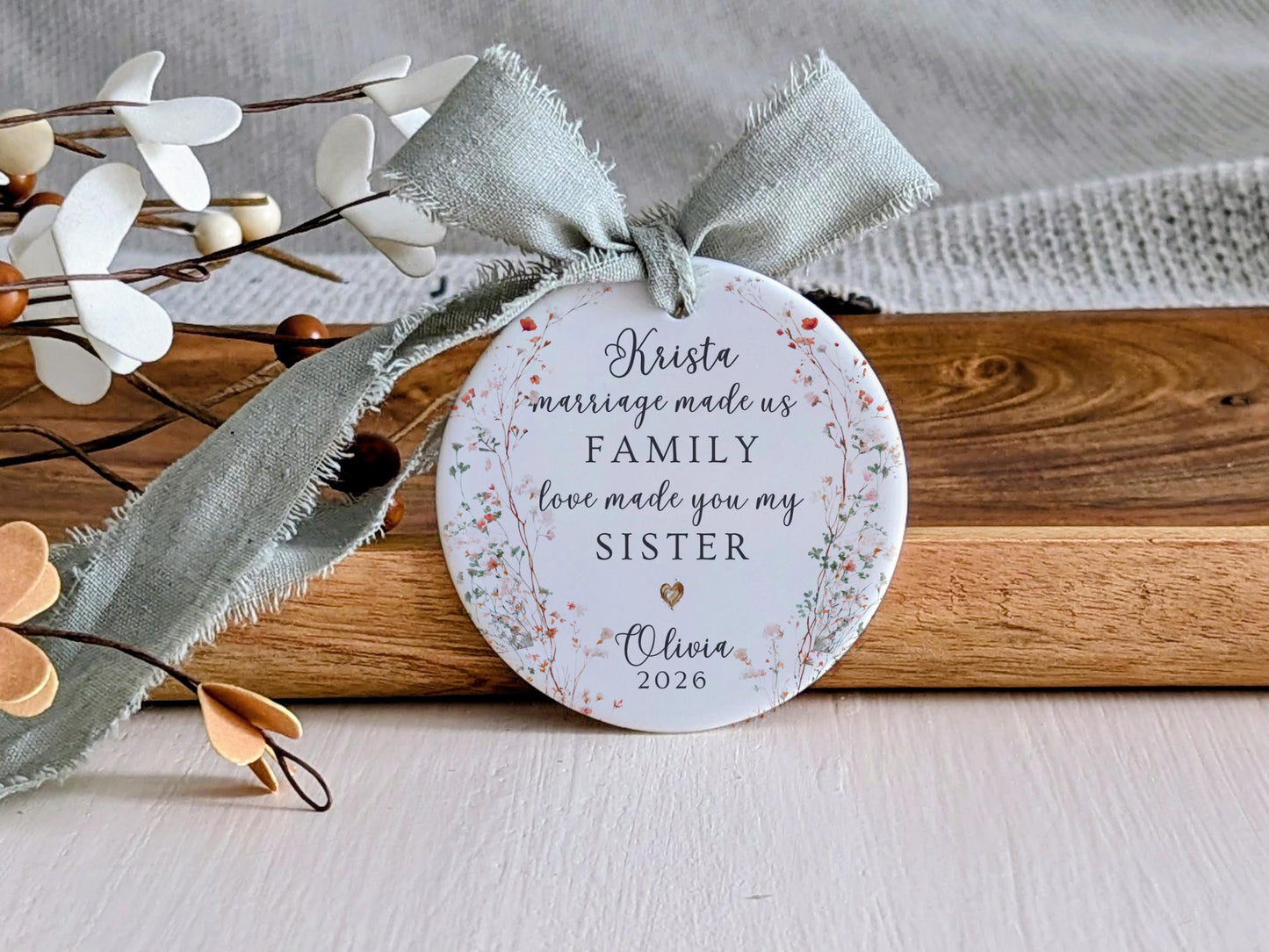 Personalized Sister-in-Law Ornament, Botanical Wreath Ceramic Keepsake, Marriage Family Gift