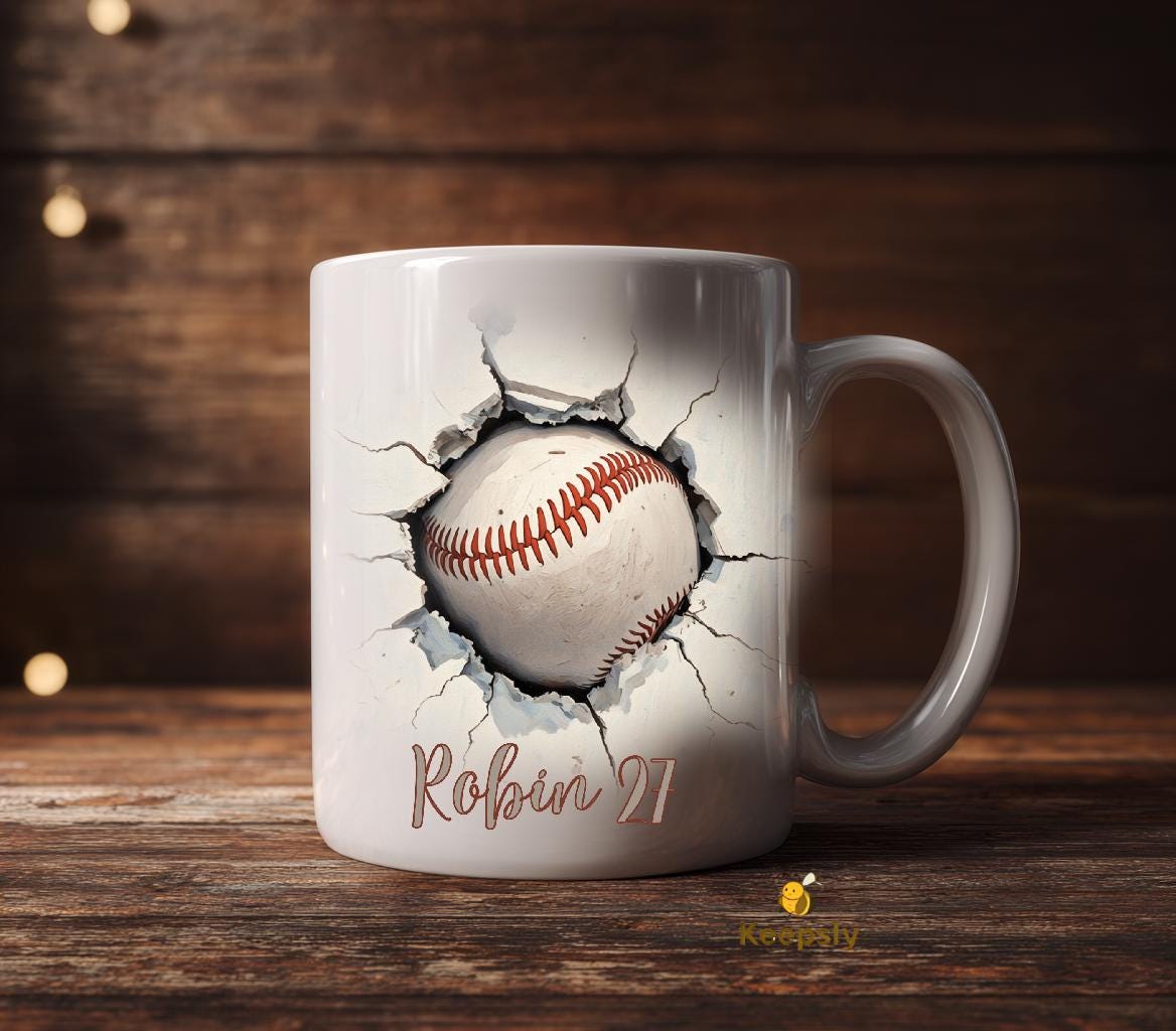 Personalized Baseball Mug, Custom Name Number, Watercolor Sports Coffee Cup