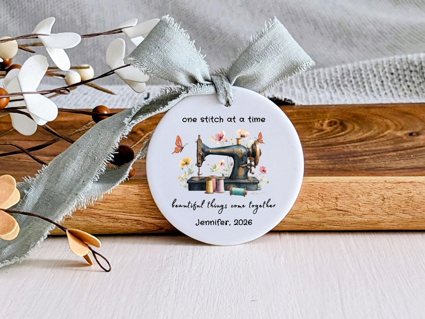 Personalized Floral Sewing Machine Ornament • Custom Crafter Keepsake, Tailor Gift