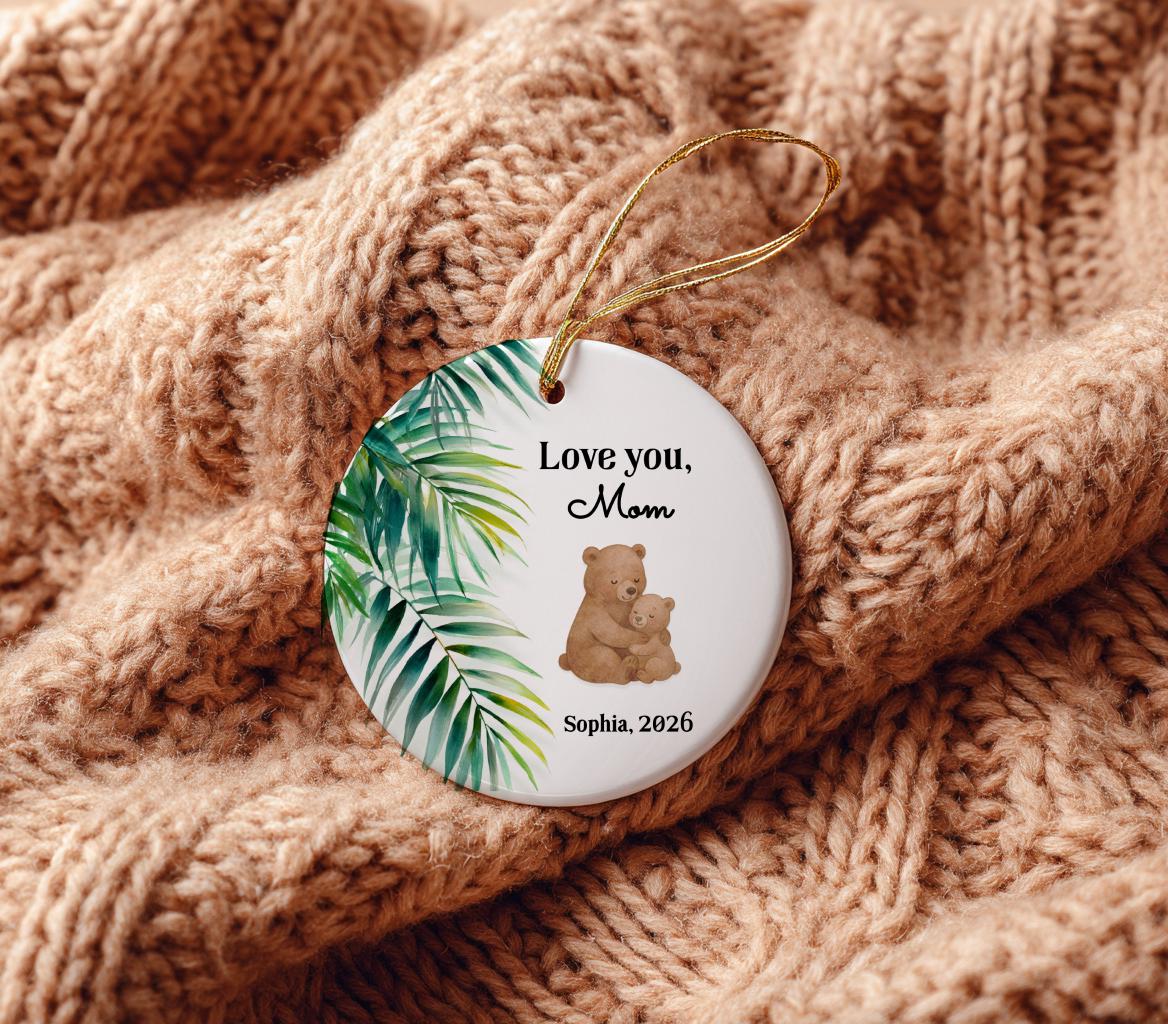 Woodland Mama Bear Ornament 2026, Bohemian Mom Gift from Baby with Fern Leaves