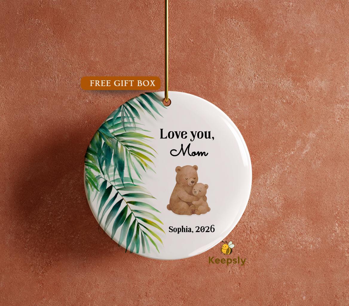 Woodland Mama Bear Ornament 2026, Bohemian Mom Gift from Baby with Fern Leaves