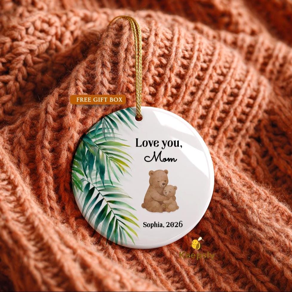 Woodland Mama Bear Ornament 2026, Bohemian Mom Gift from Baby with Fern Leaves