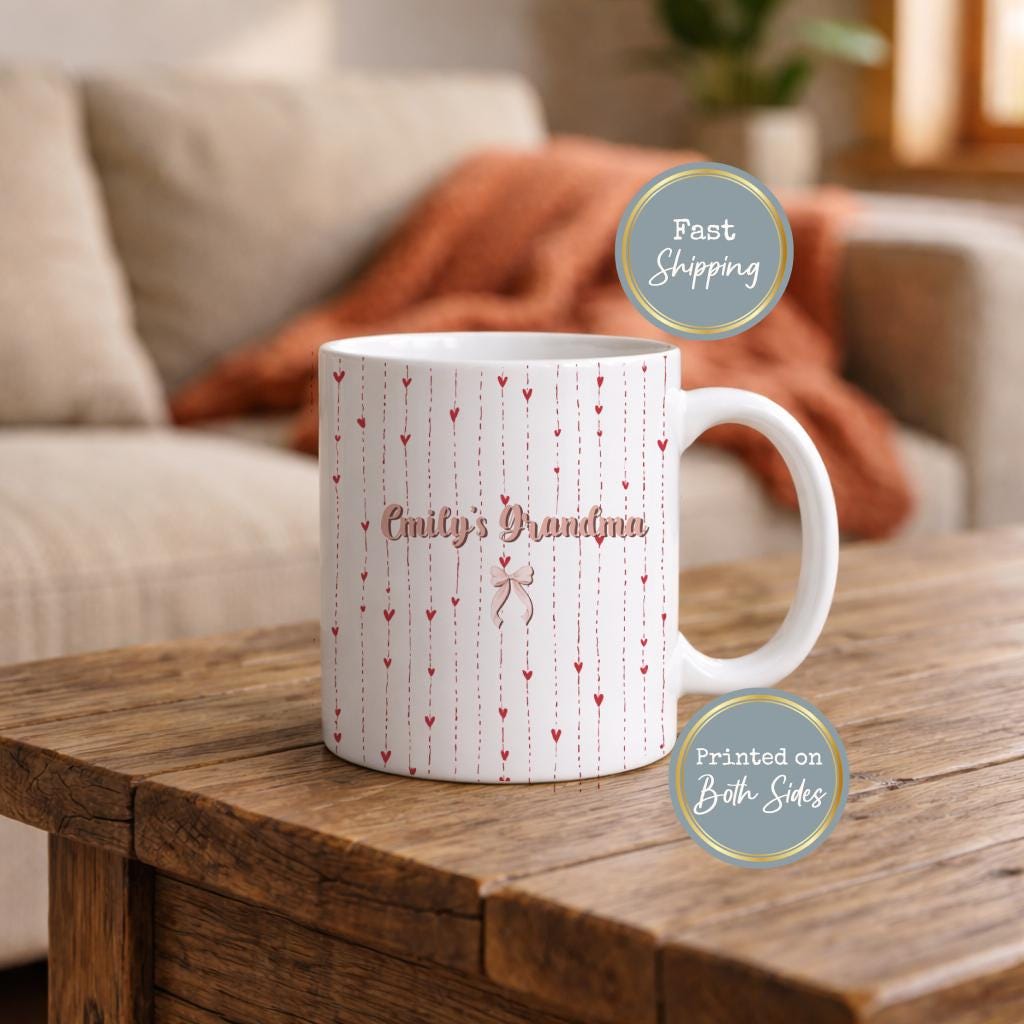 Grandma Mug, Personalized Grandma Love Coffee Cup, Striped Heart with Grandkids Name