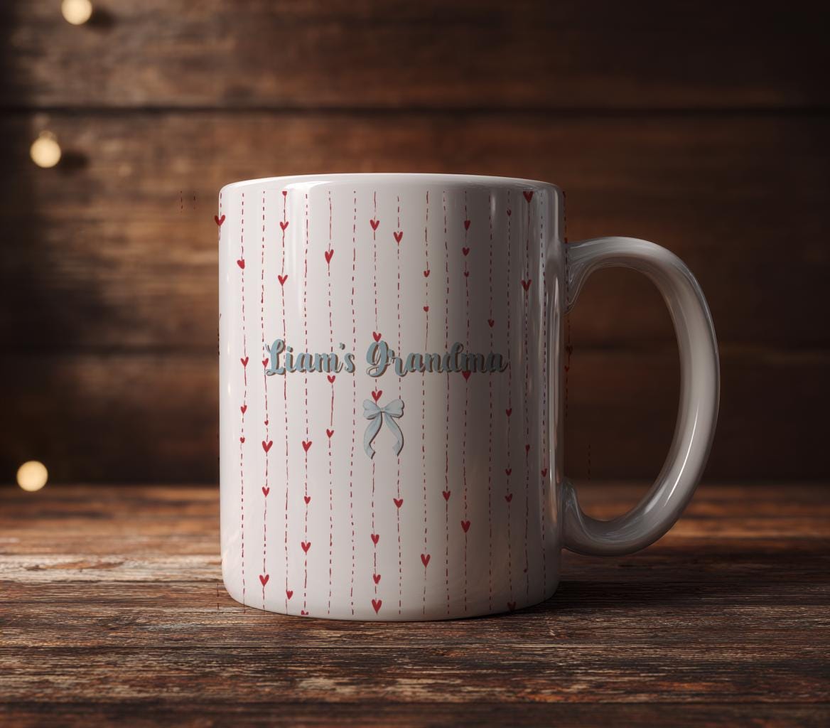 Grandma Mug, Personalized Grandma Love Coffee Cup, Striped Heart with Grandkids Name