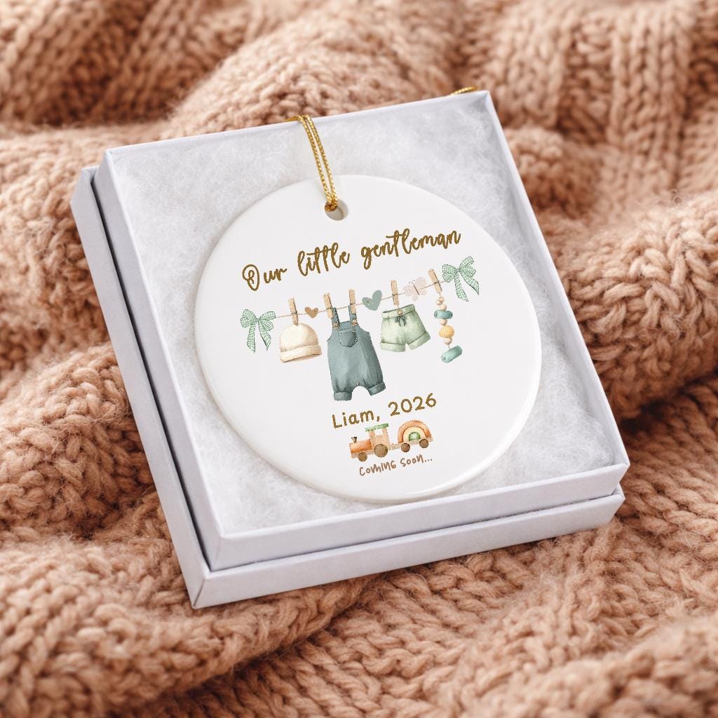 Personalized Baby Boy Ornament, Little Gentleman Pregnancy Announcement Keepsake, Coming Soon 2026