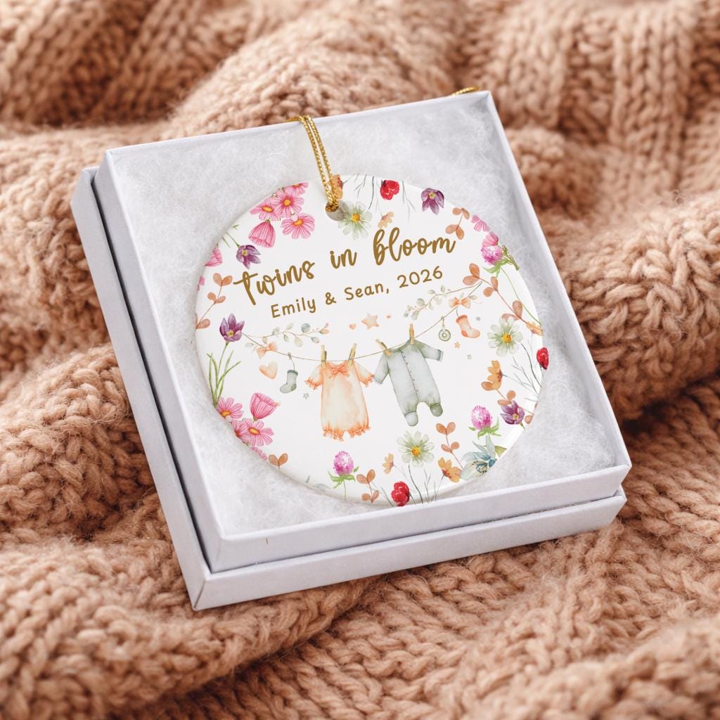 Personalized Twins in Bloom Ornament, Floral Twin Pregnancy Keepsake, Baby Names Due Date