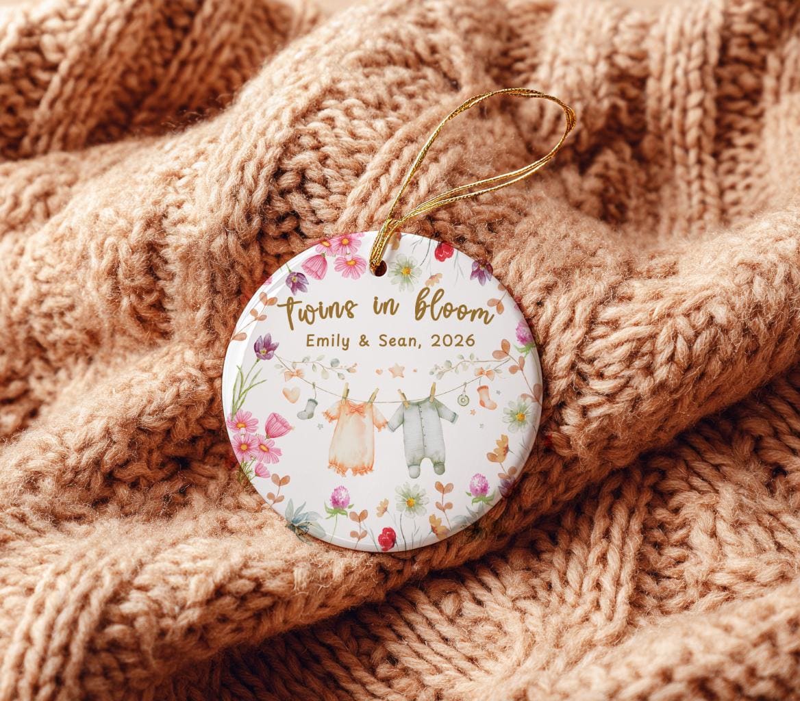 Personalized Twins in Bloom Ornament, Floral Twin Pregnancy Keepsake, Baby Names Due Date