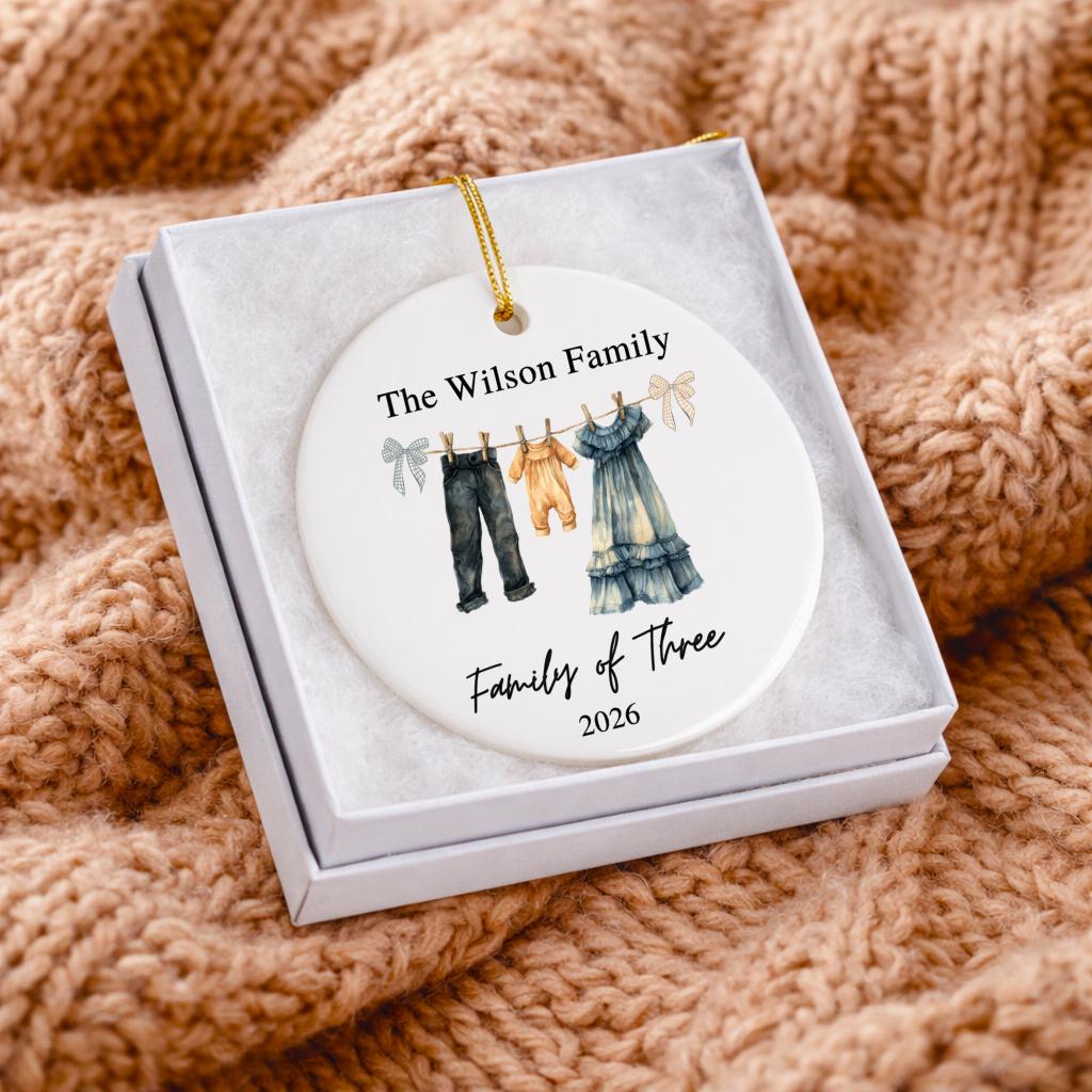 Boho Family of Three Ornament, Baby on the Way Keepsake, Personalized New Baby Announcement 2026