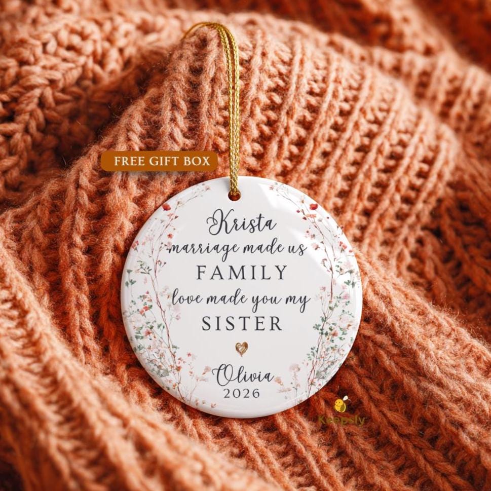 Personalized Sister-in-Law Ornament, Botanical Wreath Ceramic Keepsake, Marriage Family Gift