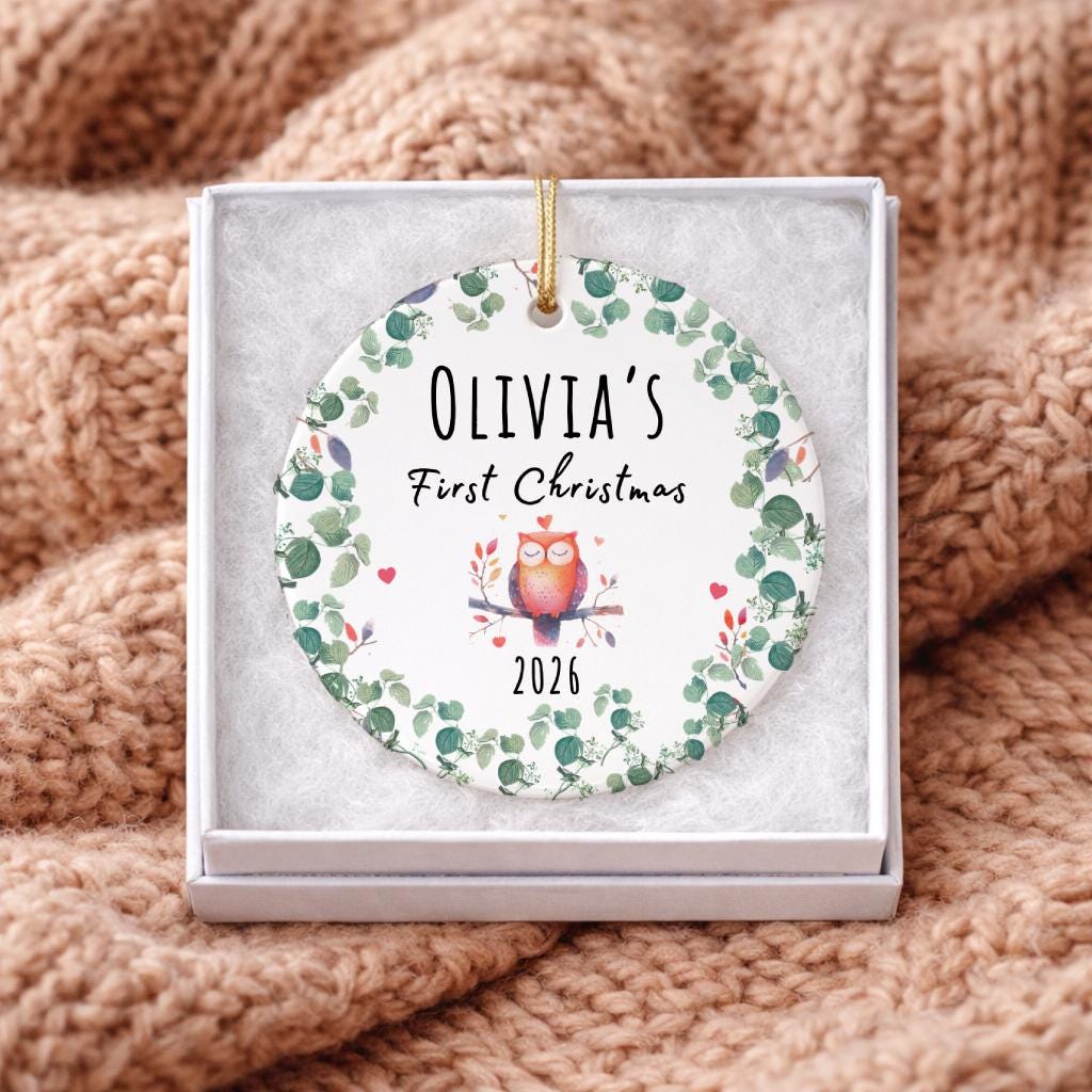 Owl Christmas Ornament, Kids Ornament, Personalized Porcelain Baby Girl Keepsake