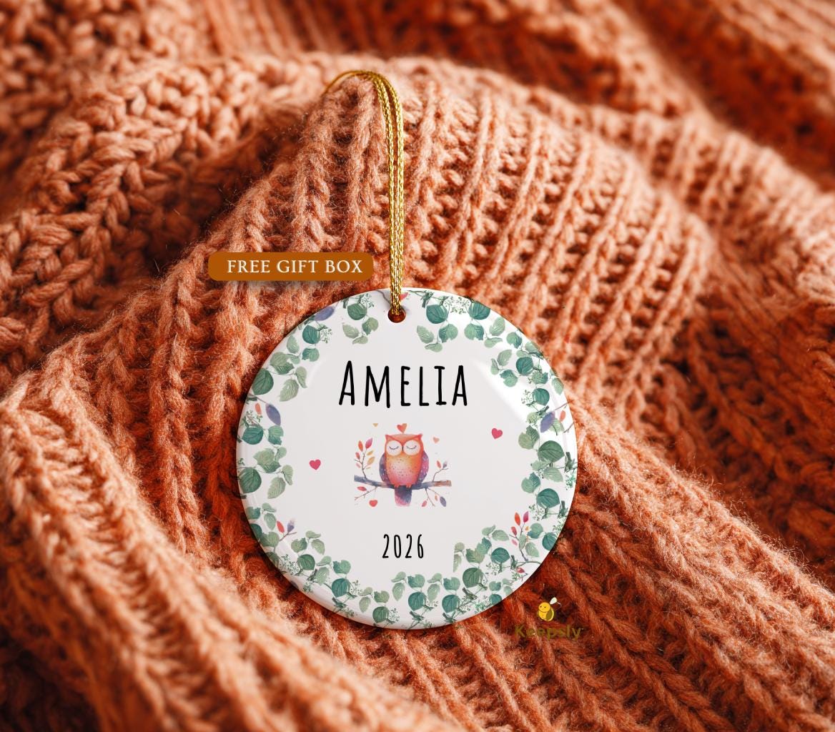 Owl Christmas Ornament, Kids Ornament, Personalized Porcelain Baby Girl Keepsake