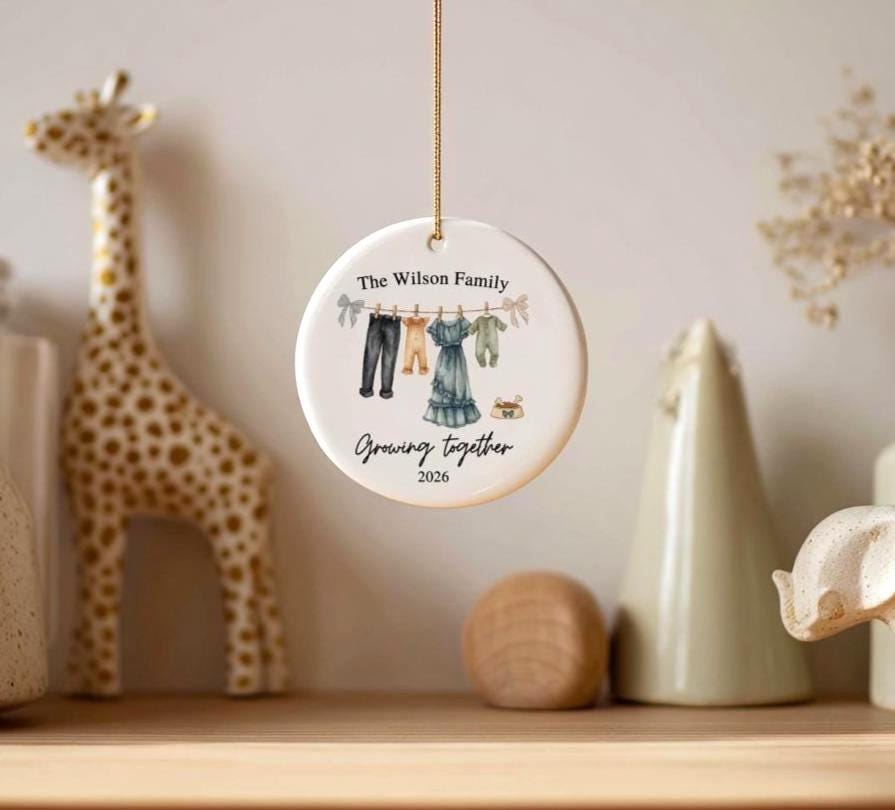 Personalized Twin Pregnancy Announcement Ornament, Family of 4 with Dog, Baby Shower Gift