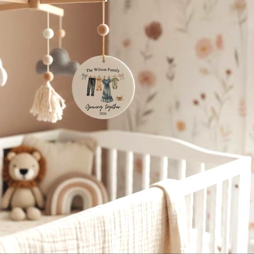 Personalized Twin Pregnancy Announcement Ornament, Family of 4 with Dog, Baby Shower Gift