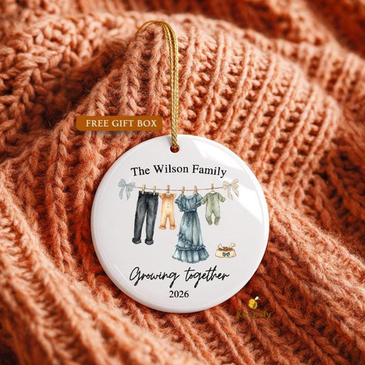 Personalized Twin Pregnancy Announcement Ornament, Family of 4 with Dog, Baby Shower Gift