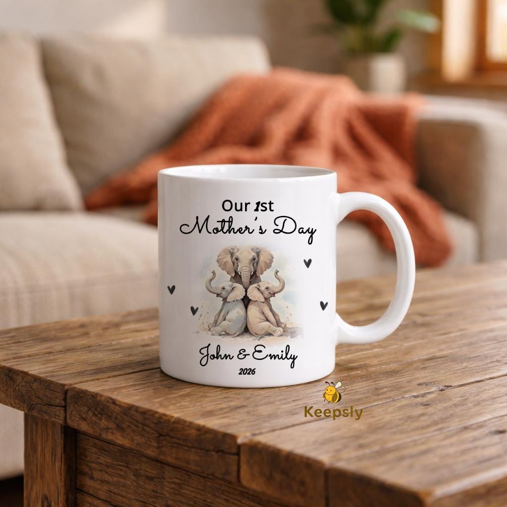PERSONALIZED Elephant Mom & Baby Mug, Cute Twin Nursery Gift for New Mom of 2
