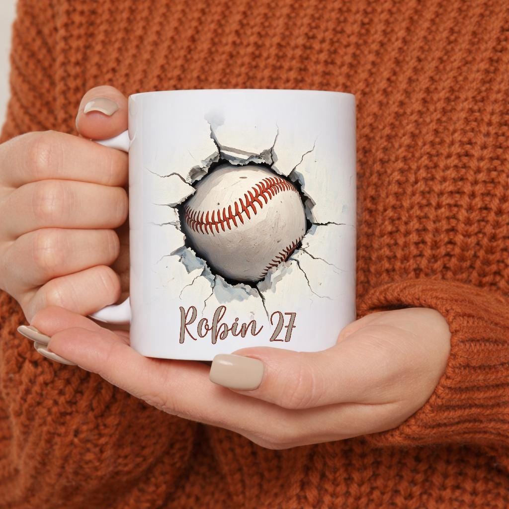 Personalized Baseball Mug, Custom Name Number, Watercolor Sports Coffee Cup