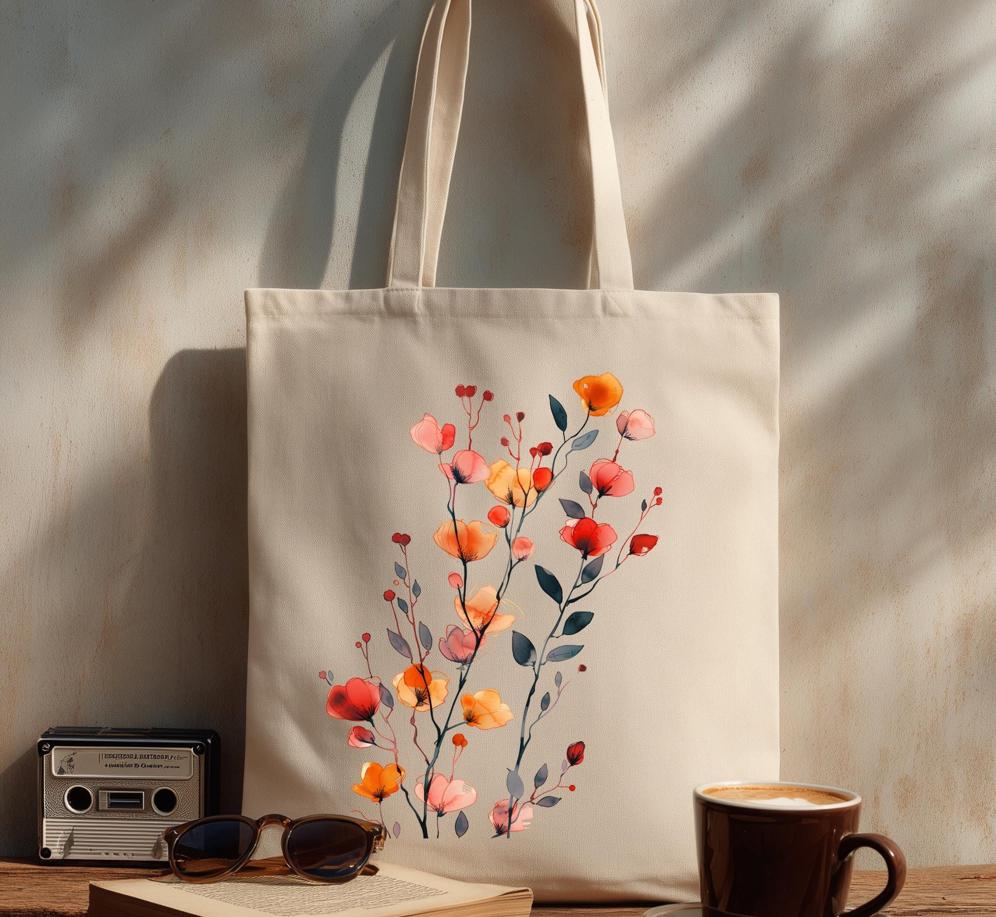 Boho Wildflower Garden Tote, Minimalist Poppy Bellflower Floral Canvas Shopper Bag