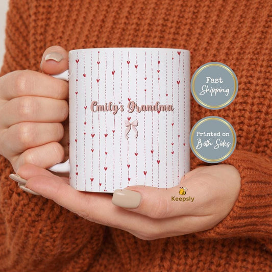 Grandma Mug, Personalized Grandma Love Coffee Cup, Striped Heart with Grandkids Name