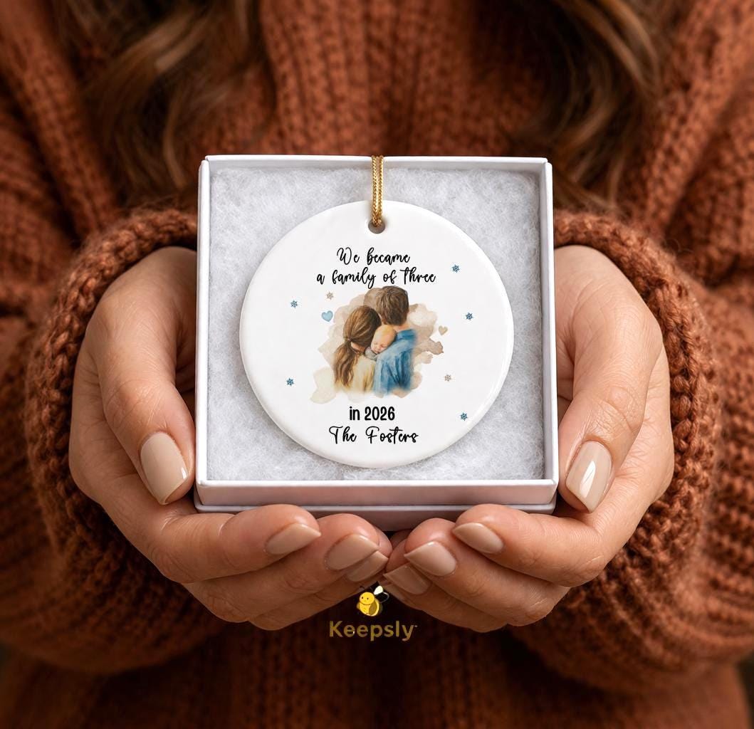 We Became a Family of Three Ornament 2026, Personalized New Baby Keepsake