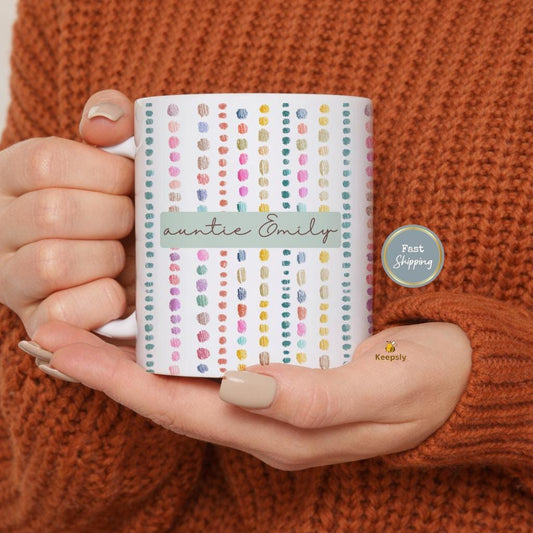 Personalized Auntie Mug, Striped Heart Coffee Cup,