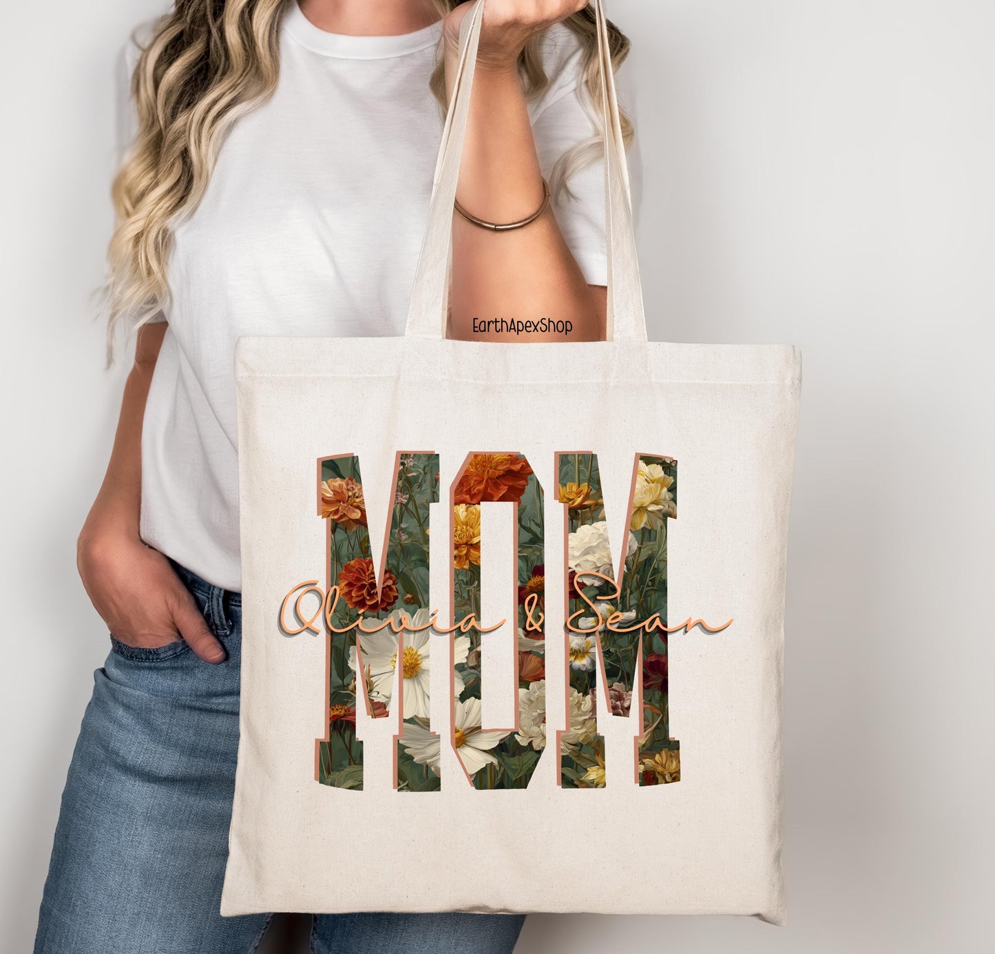 Personalized Floral Mom Tote Bag with Kids Names, Mother's Day Gift Canvas Shopping Bag
