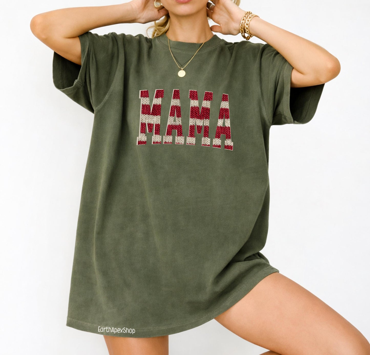 Nautical Stripe Mama T-shirt, Knit Graphic Red & Cream