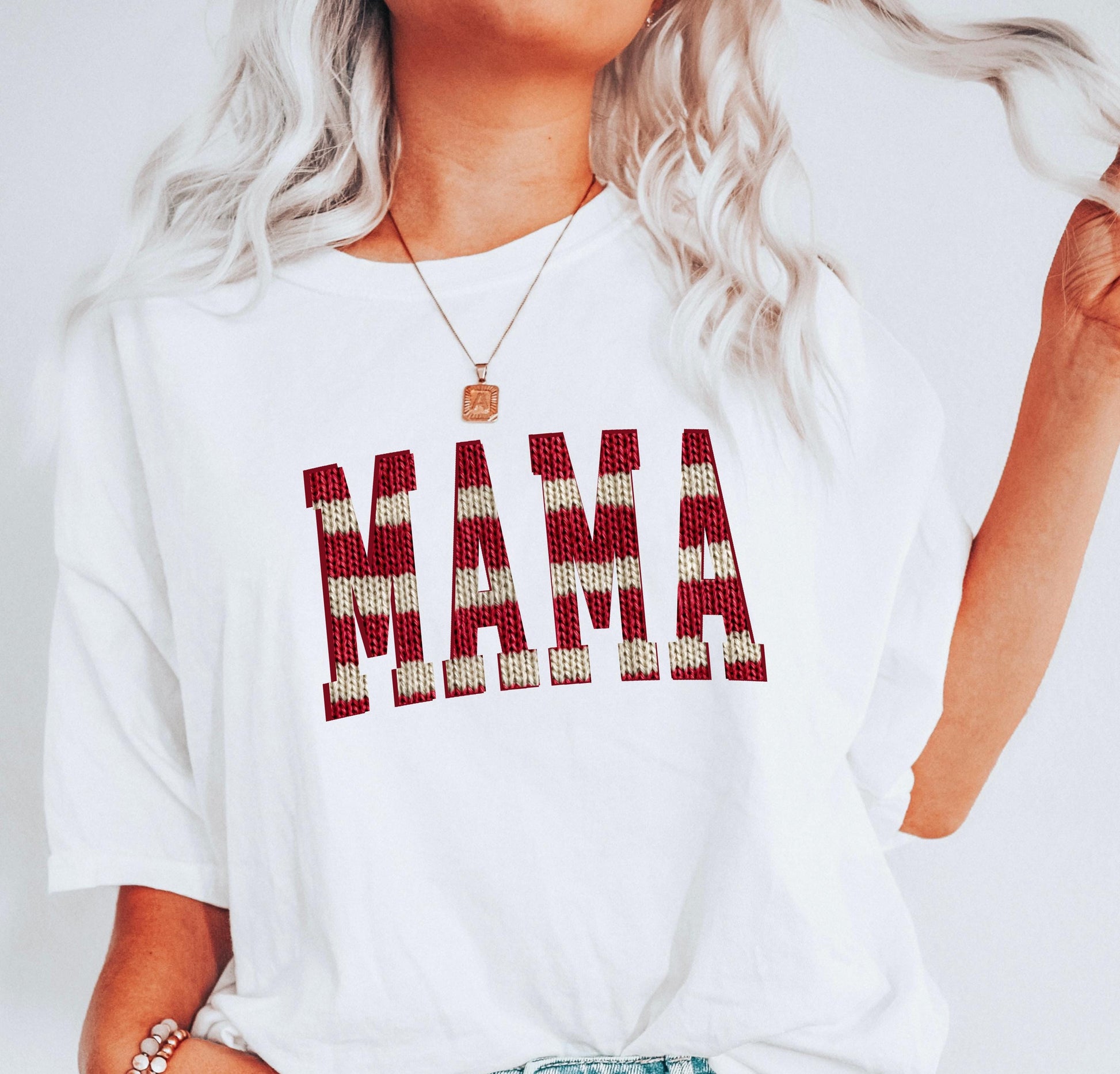 Nautical Stripe Mama T-shirt, Knit Graphic Red & Cream