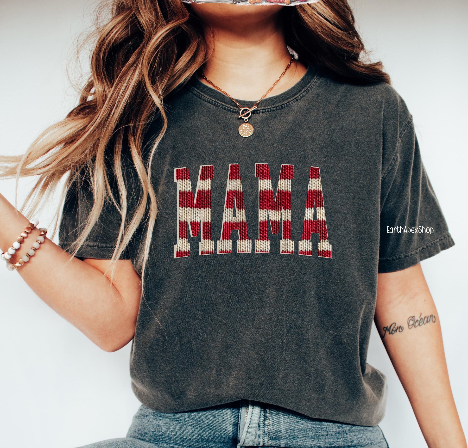 Nautical Stripe Mama T-shirt, Knit Graphic Red & Cream