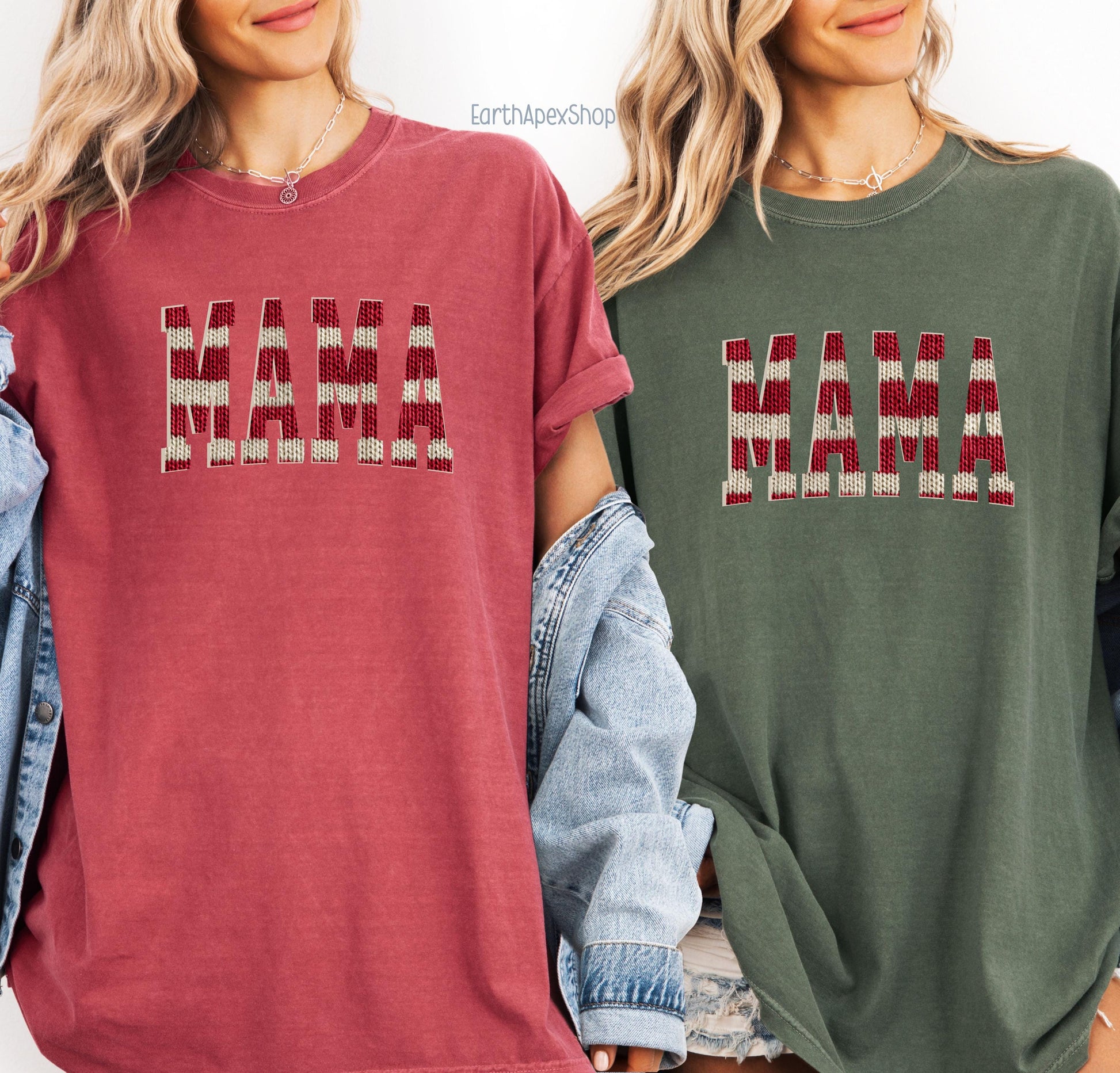 Nautical Stripe Mama T-shirt, Knit Graphic Red & Cream