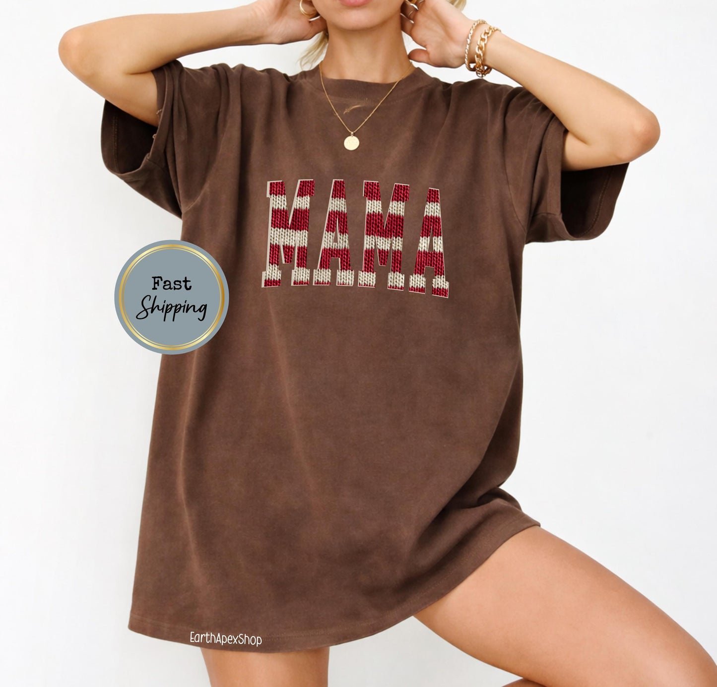 Nautical Stripe Mama T-shirt, Knit Graphic Red & Cream