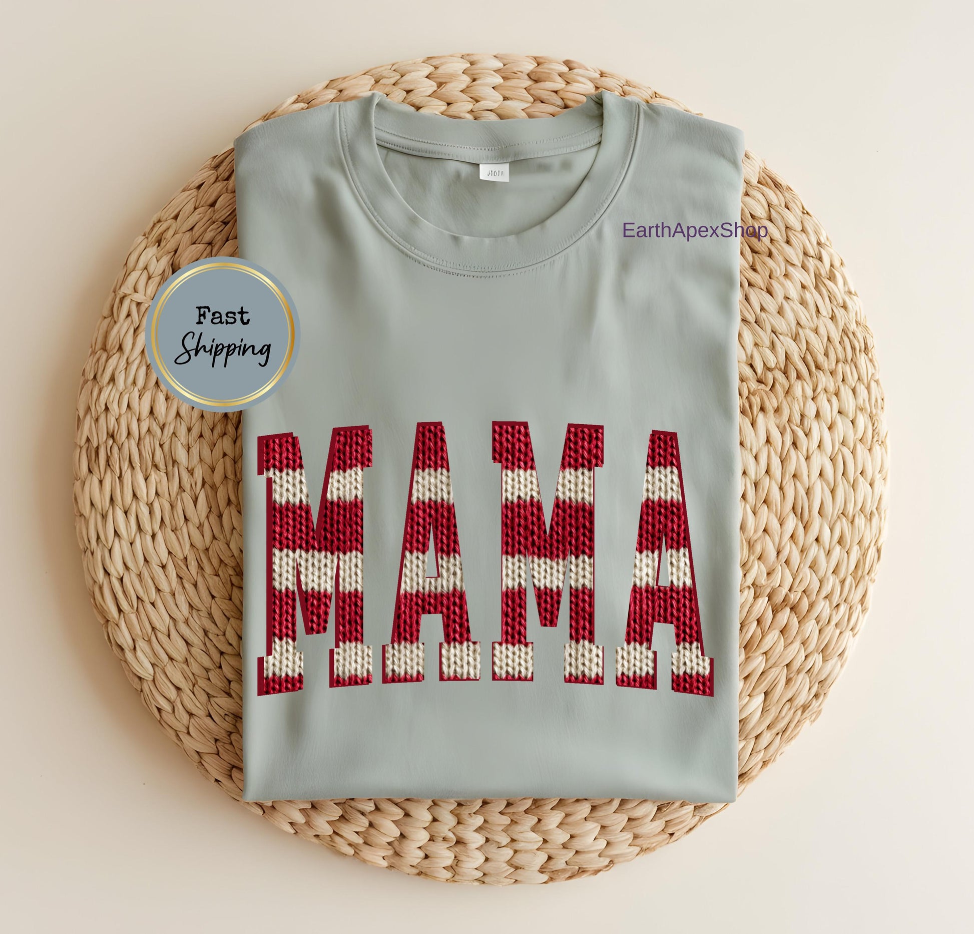 Nautical Stripe Mama T-shirt, Knit Graphic Red & Cream