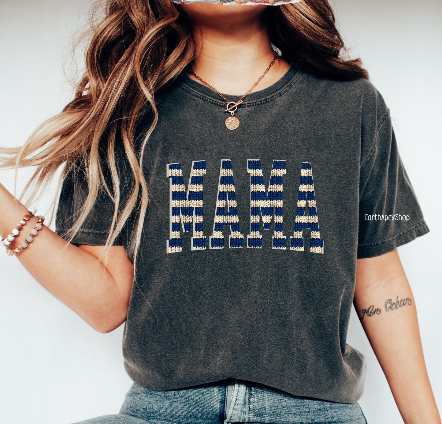Nautical Stripe Mama T-shirt, Knit Graphic Red & Cream