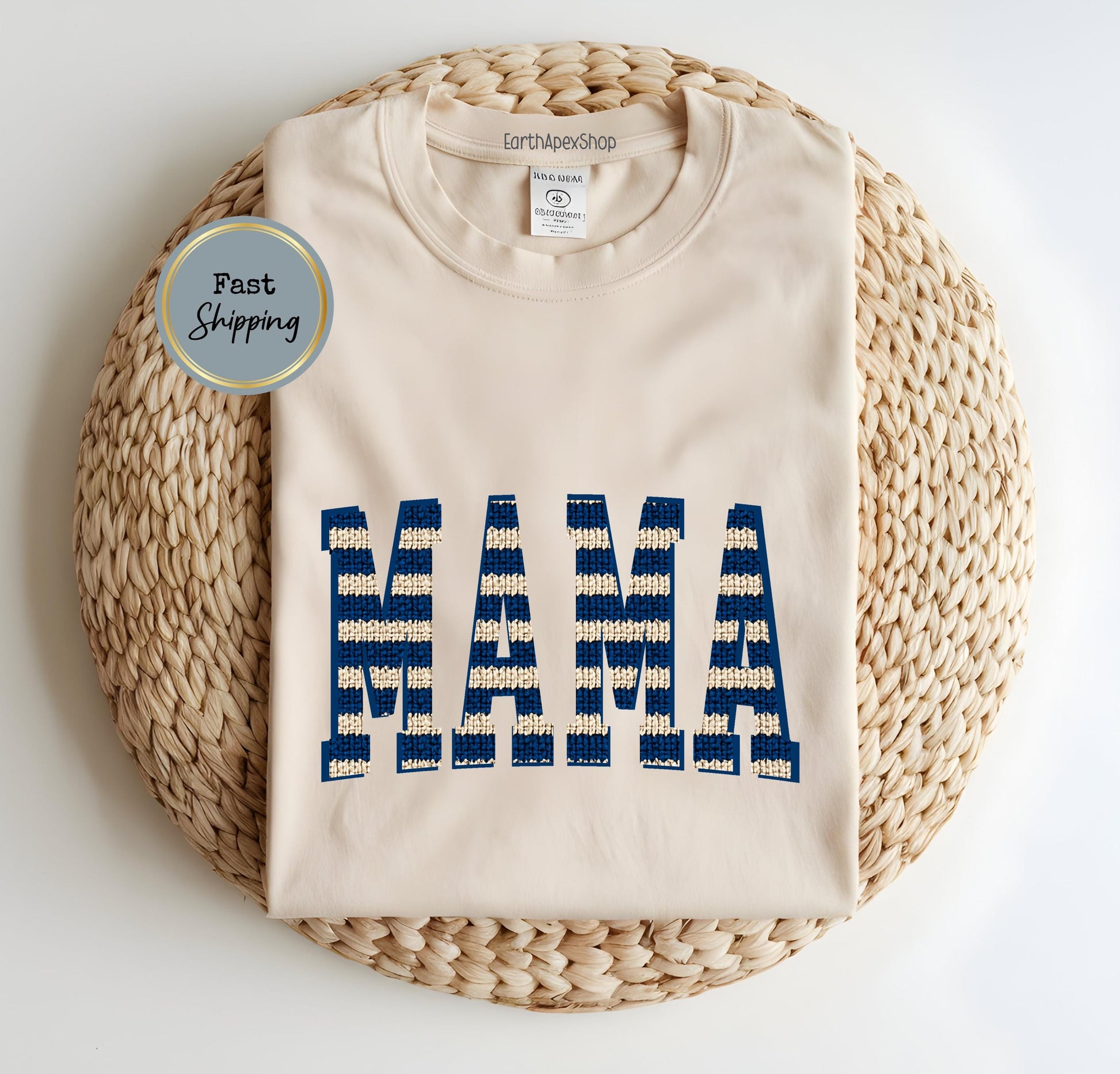 Nautical Stripe Mama T-shirt, Knit Graphic Red & Cream