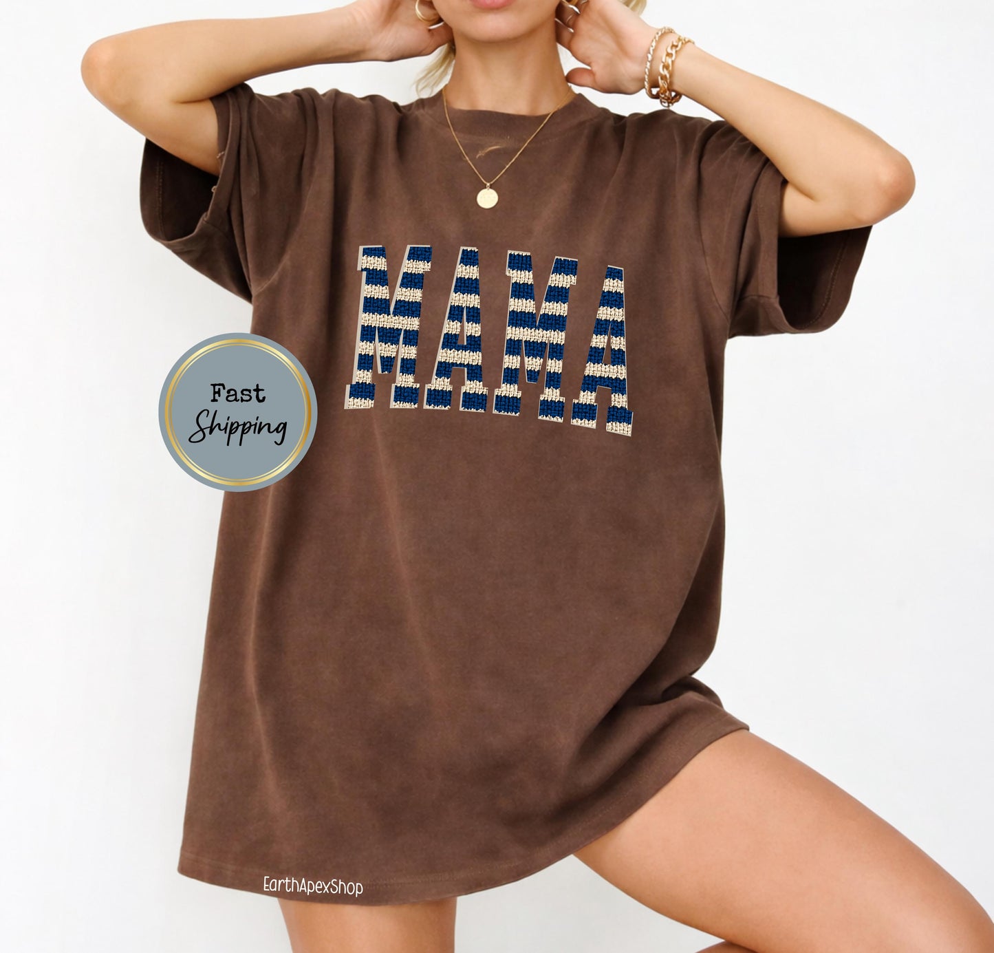 Nautical Stripe Mama T-shirt, Knit Graphic Red & Cream
