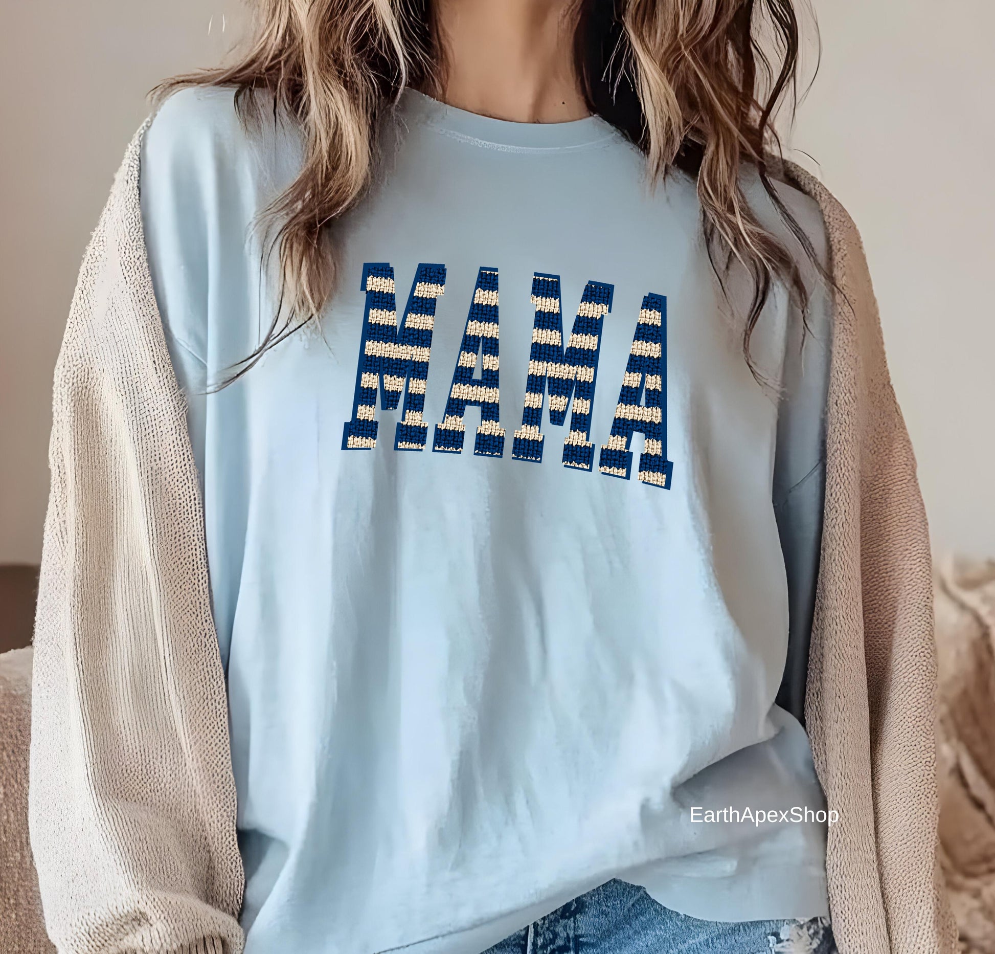 Nautical Stripe Mama T-shirt, Knit Graphic Red & Cream