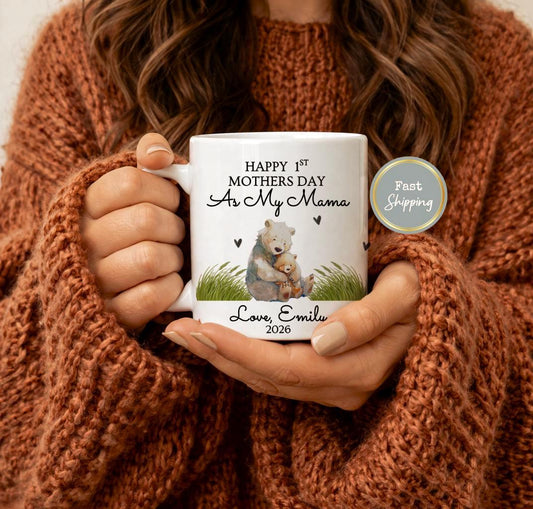 Personalized Mama Bear First Mother's Day Mug 2026, New Mommy Gift from Baby, Custom Motherhood Coffee Cup