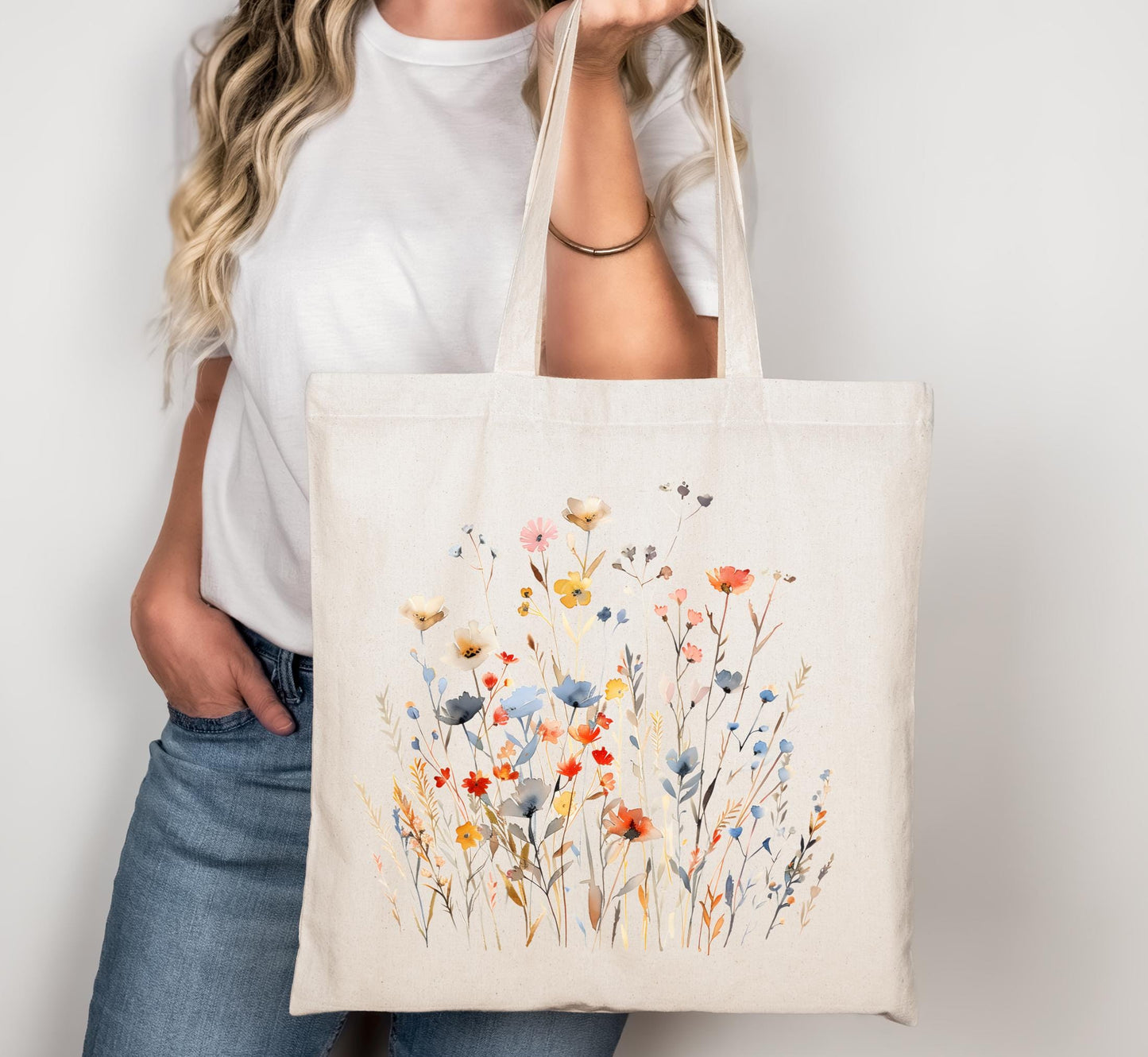 Wildflower Canvas Tote Bag, Pressed Floral Eco Friendly Cotton Shopper, Cottagecore Gift