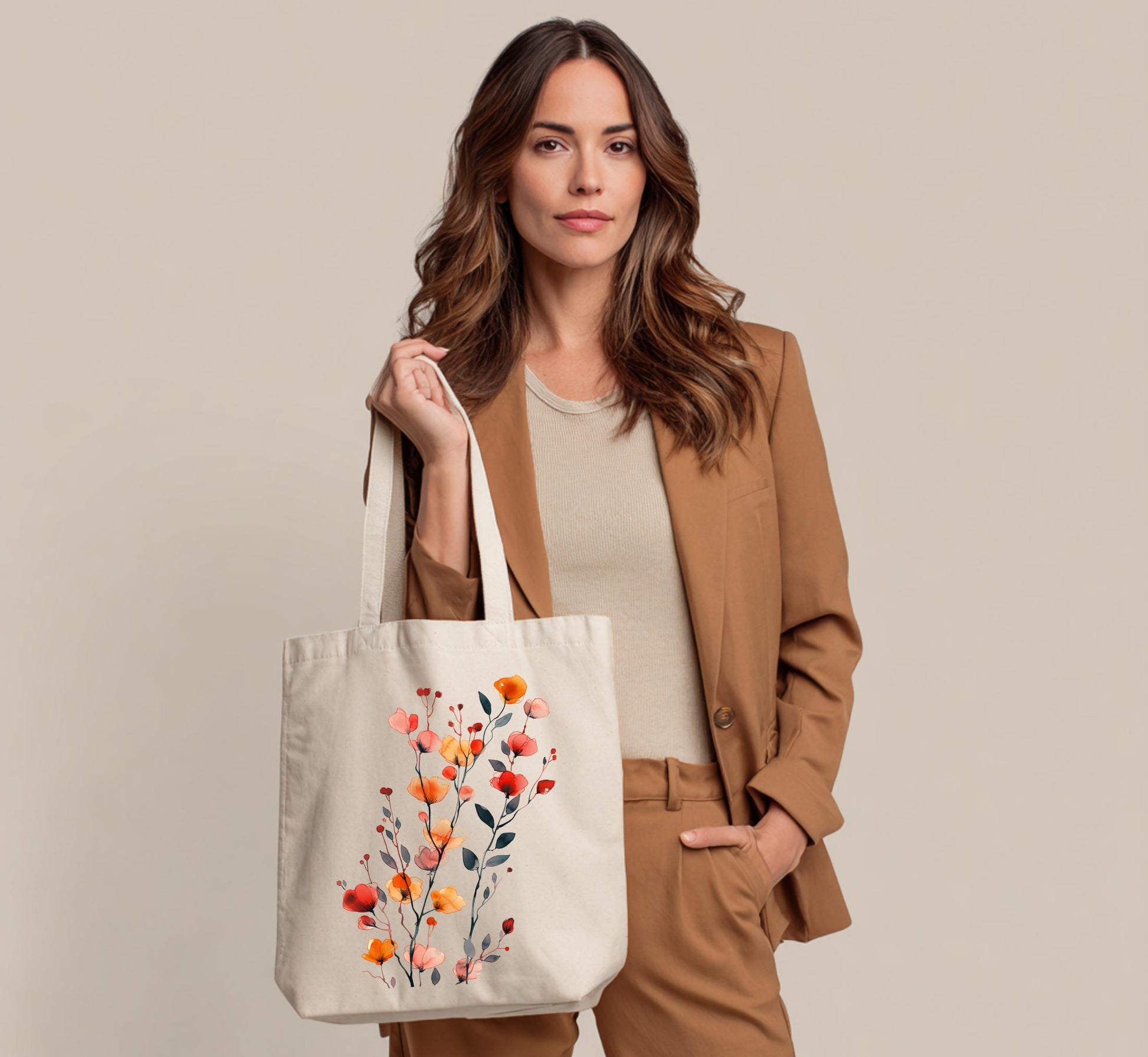 Boho Wildflower Garden Tote, Minimalist Poppy Bellflower Floral Canvas Shopper Bag