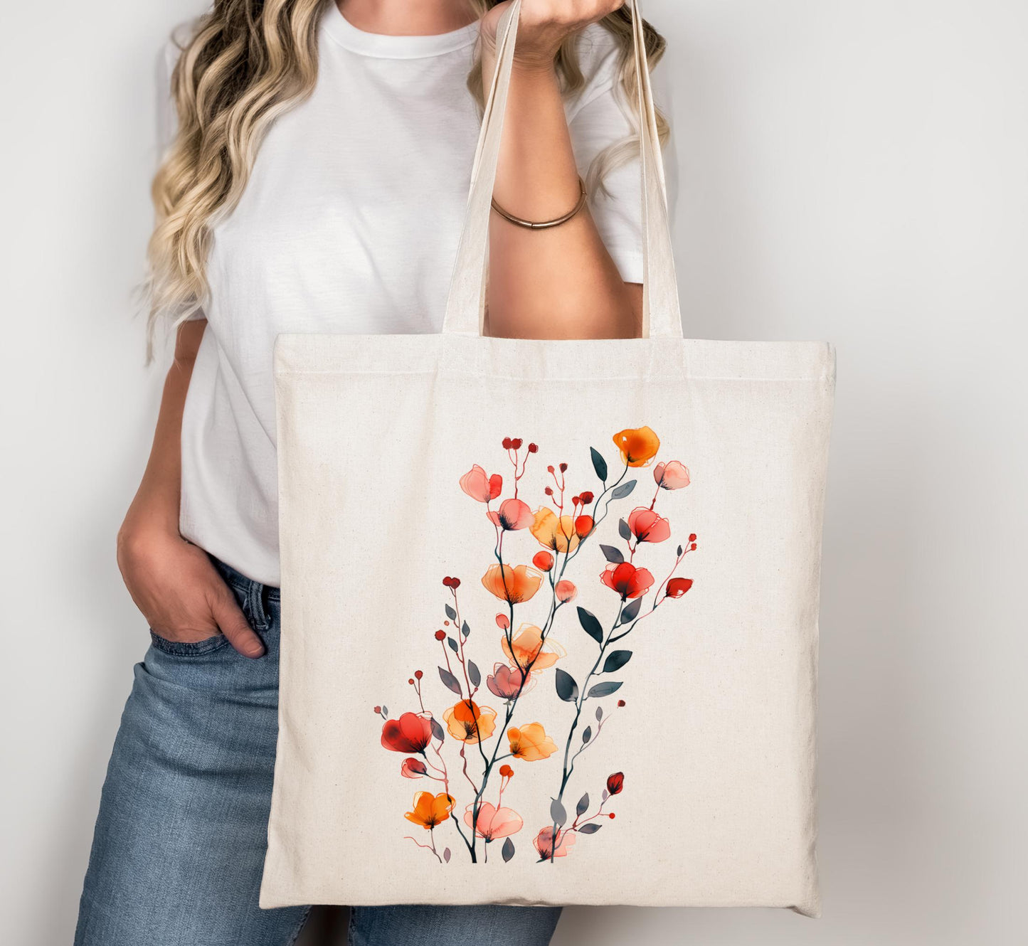Boho Wildflower Garden Tote, Minimalist Poppy Bellflower Floral Canvas Shopper Bag