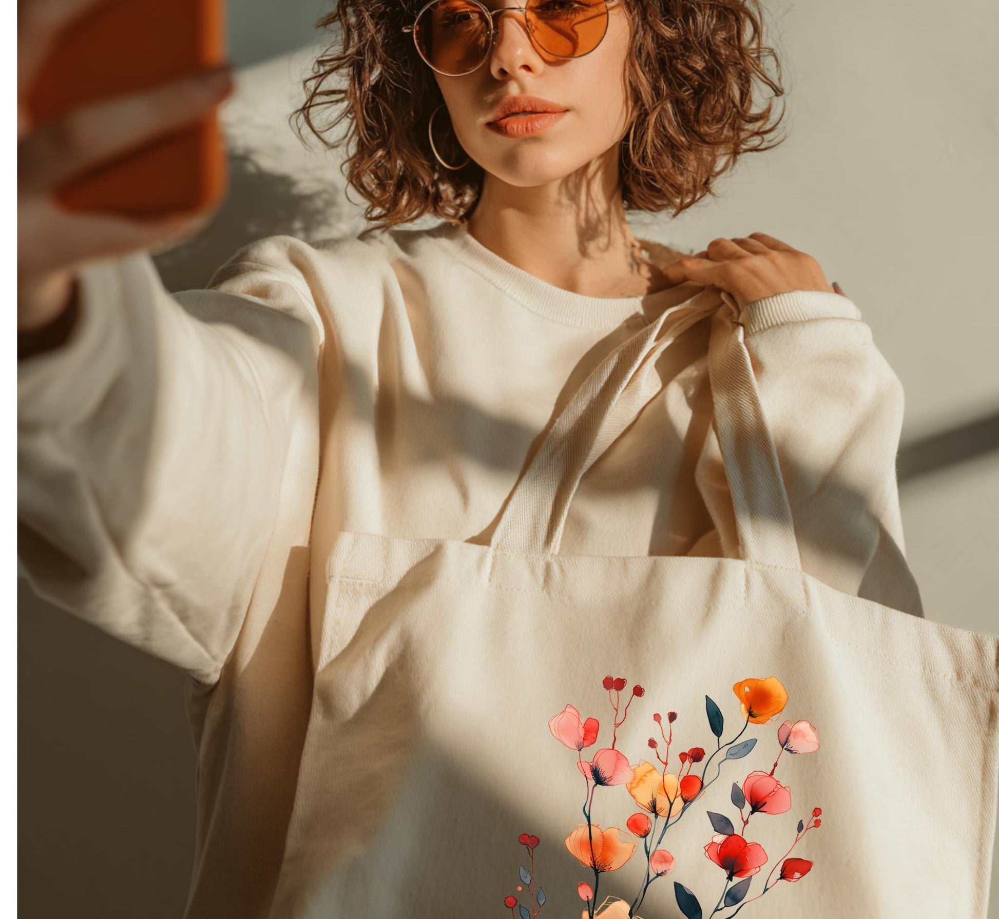 Boho Wildflower Garden Tote, Minimalist Poppy Bellflower Floral Canvas Shopper Bag