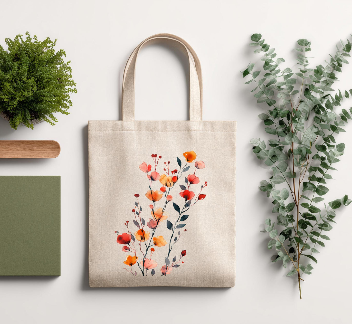 Boho Wildflower Garden Tote, Minimalist Poppy Bellflower Floral Canvas Shopper Bag