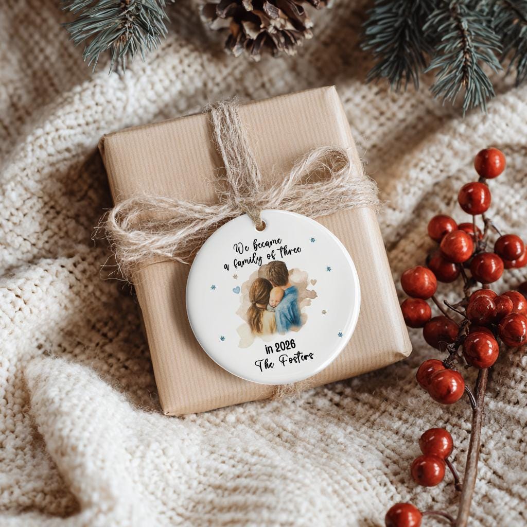 We Became a Family of Three Ornament 2026, Personalized New Baby Keepsake