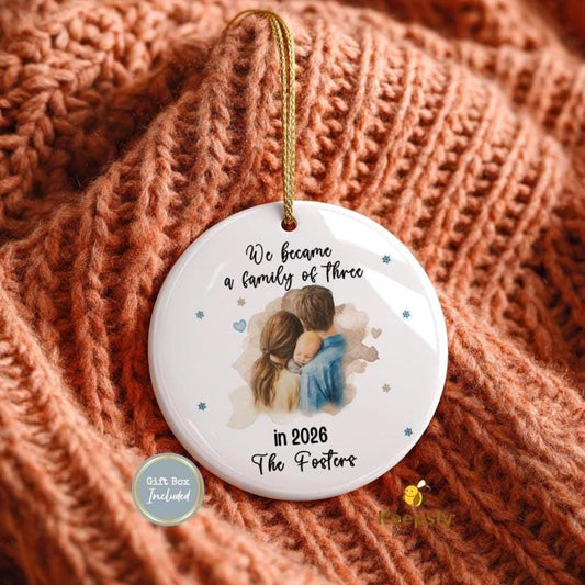 We Became a Family of Three Ornament 2026, Personalized New Baby Keepsake