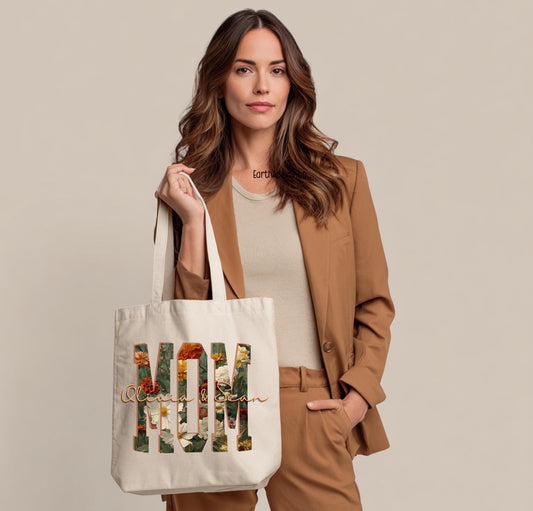 Personalized Floral Mom Tote Bag with Kids Names, Mother's Day Gift Canvas Shopping Bag