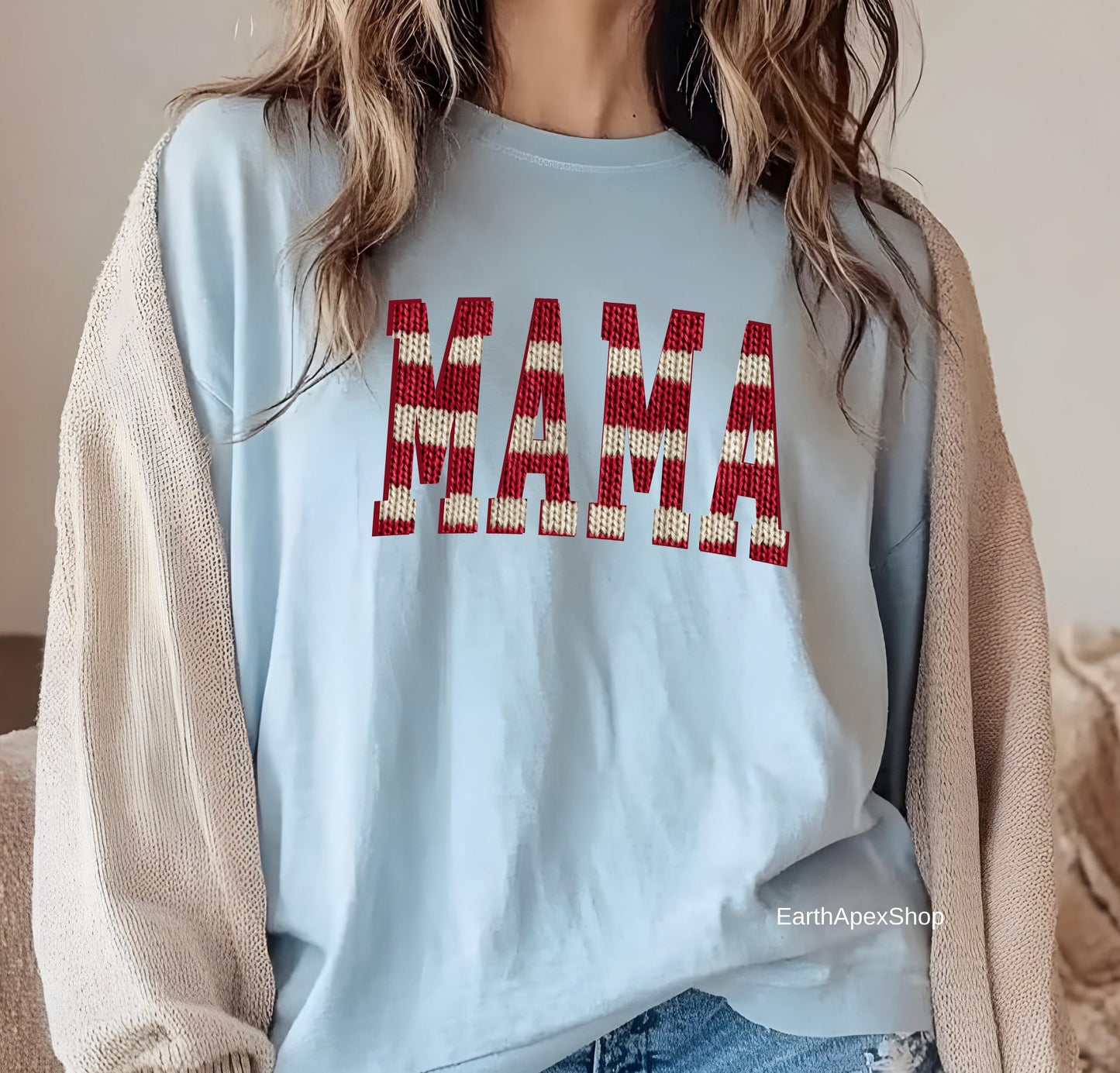 Nautical Stripe Mama T-shirt, Knit Graphic Red & Cream