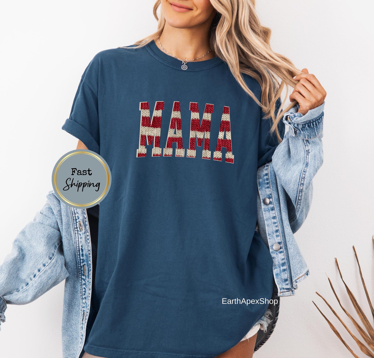 Nautical Stripe Mama T-shirt, Knit Graphic Red & Cream