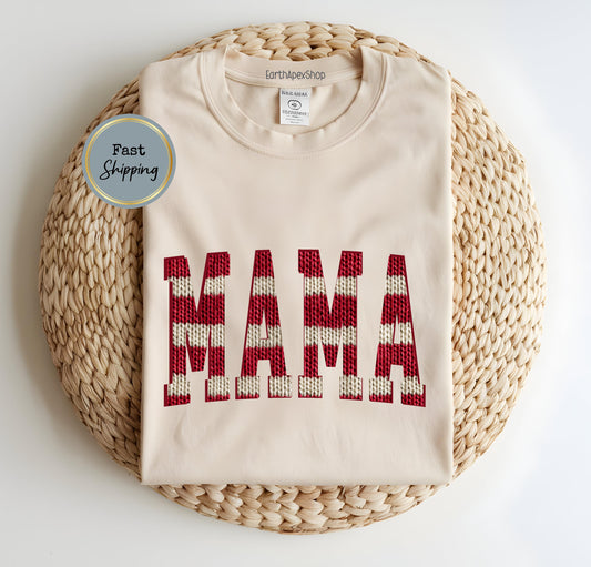 Nautical Stripe Mama T-shirt, Knit Graphic Red & Cream
