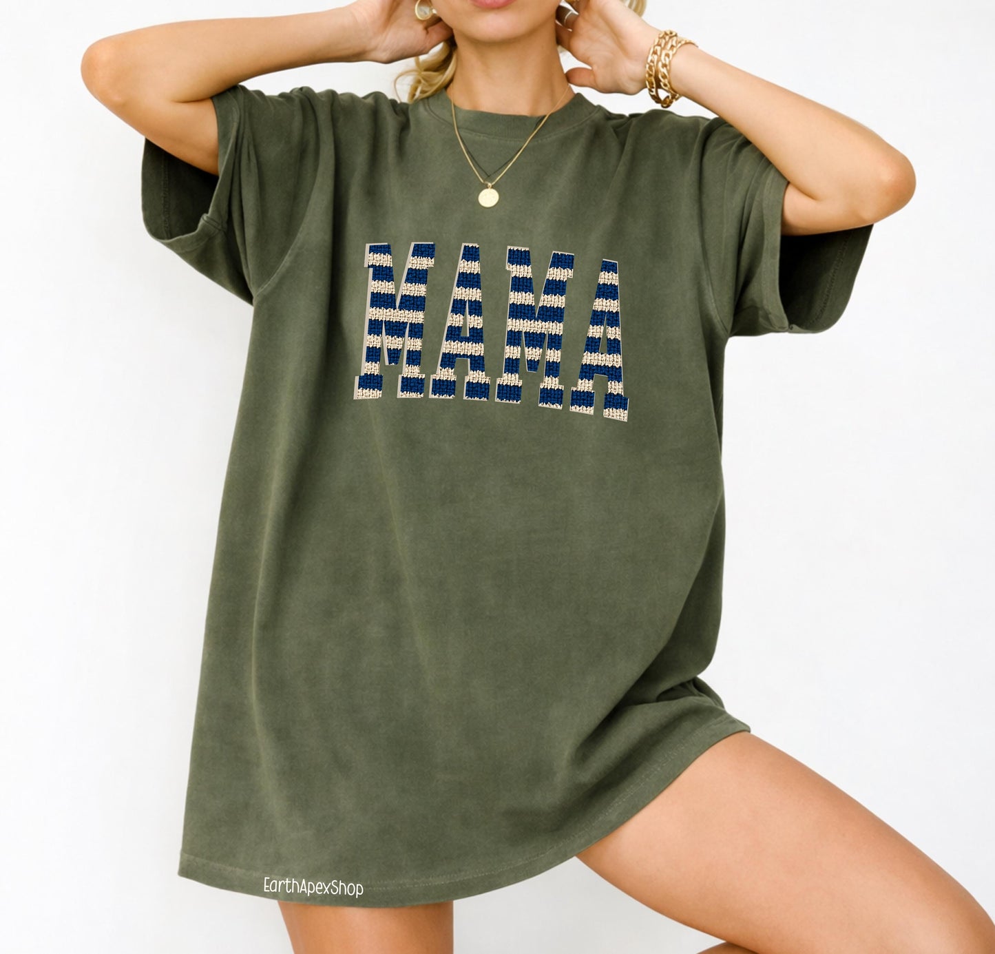 Nautical Stripe Mama T-shirt, Knit Graphic Red & Cream