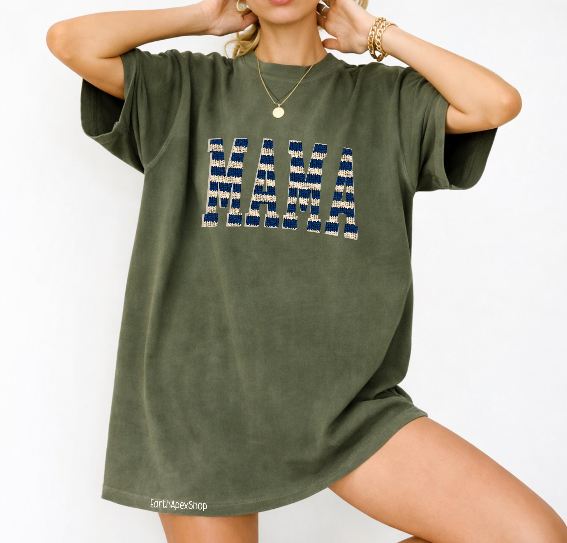 Nautical Stripe Mama T-shirt, Knit Graphic Red & Cream